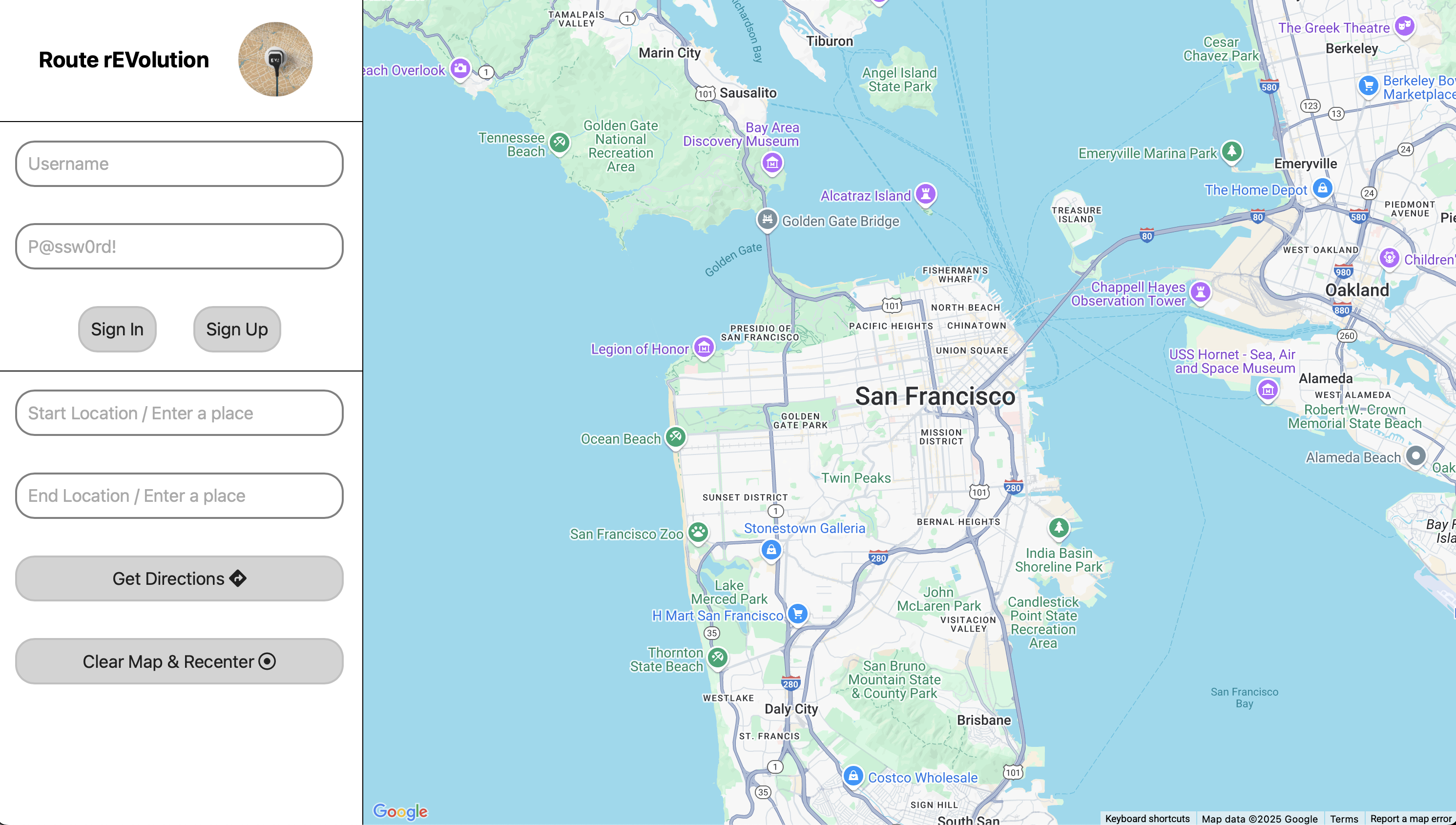 Screenshot showing the interface of Route Revolution, with the map on the right 3/4 of the screen, and the remaing 1/4 on the left showing options such as username, password, direction start location, and direction end location.